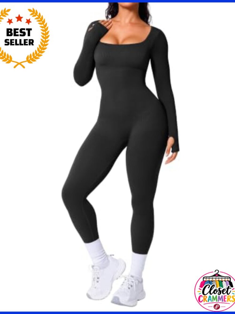 Long Sleeve Workout Jumpsuit Thumbhole Square Neck Seamless Yoga Bodysuit